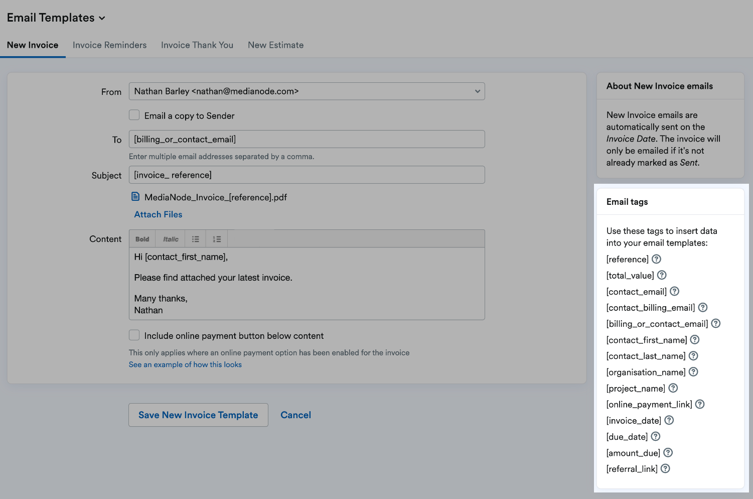 Email tags section highlighted