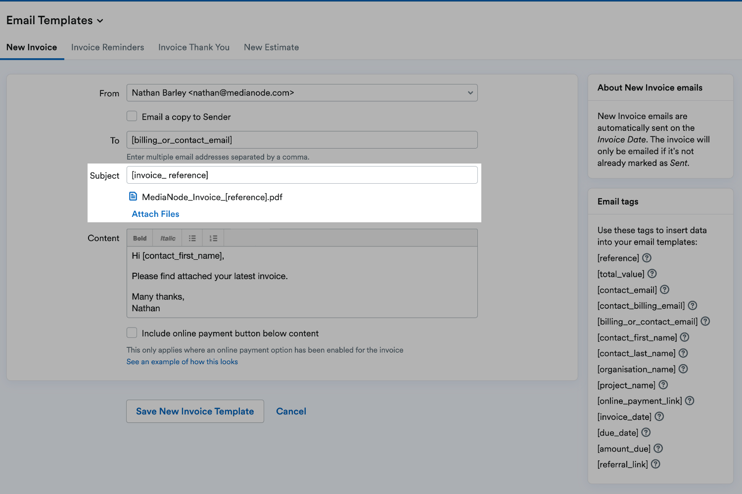 Subject field highlighted