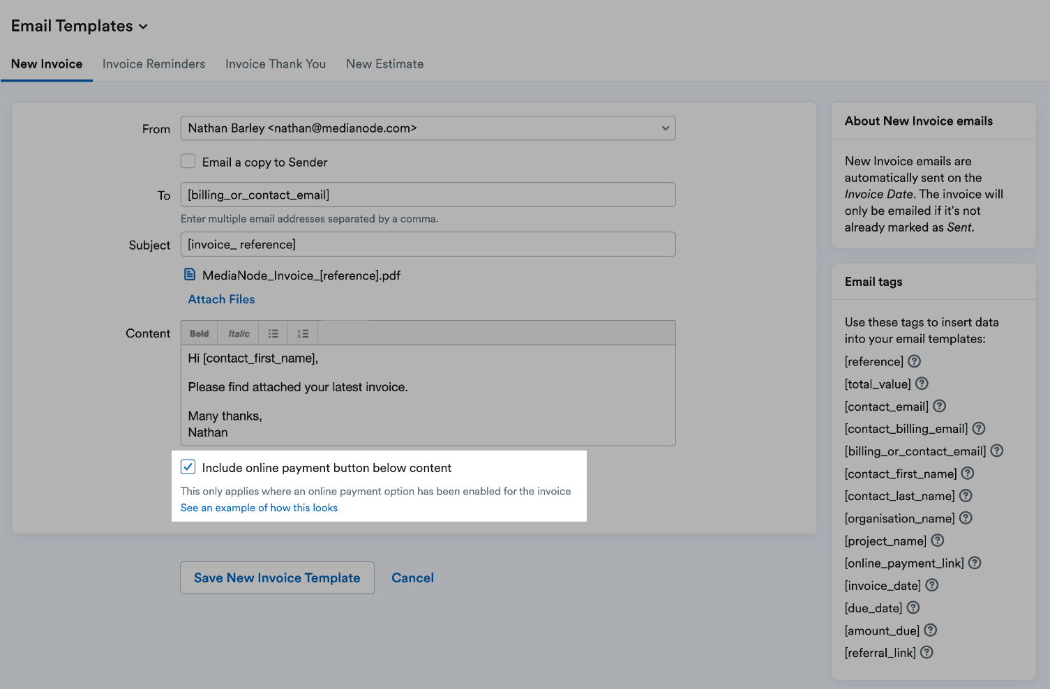 Box to include payment button in the email