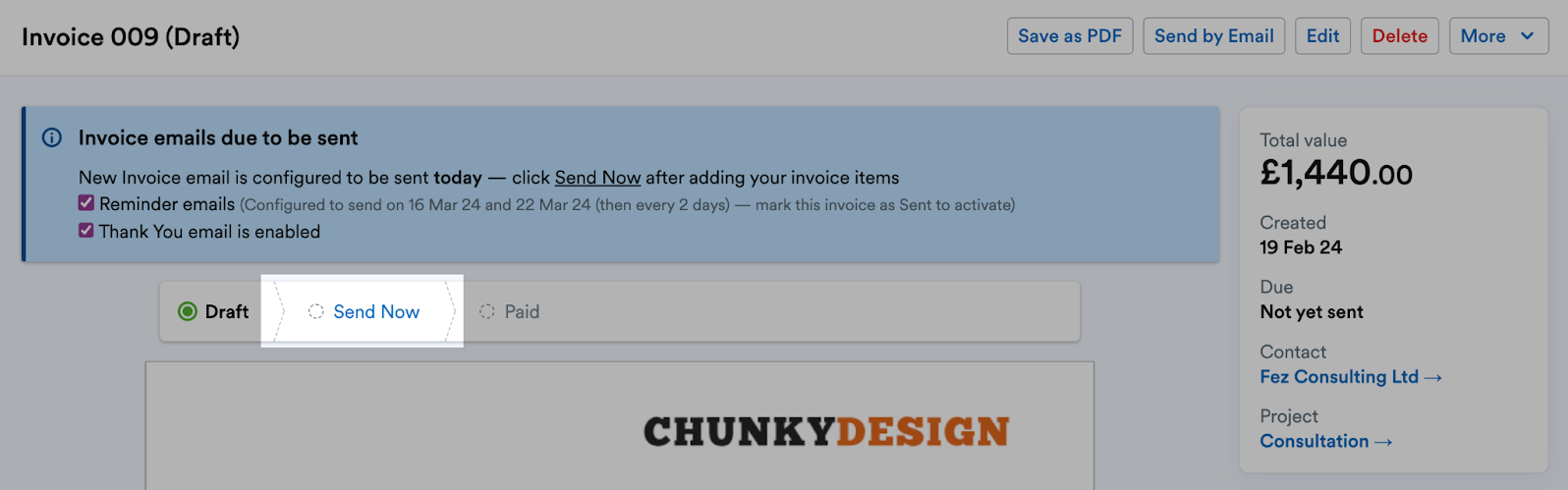 Send Now highlighted above the invoice