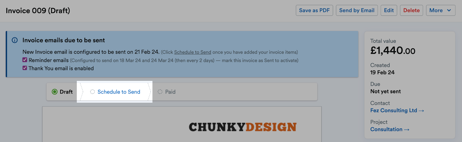 Schedule to send button highlighted above invoice