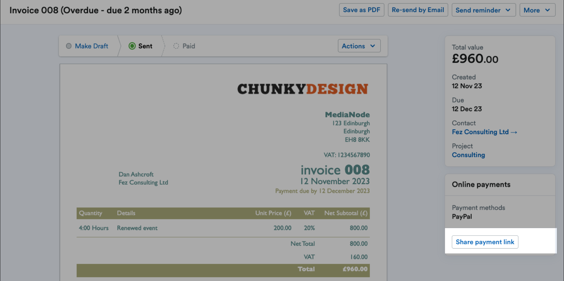 Share payment link button highlighted