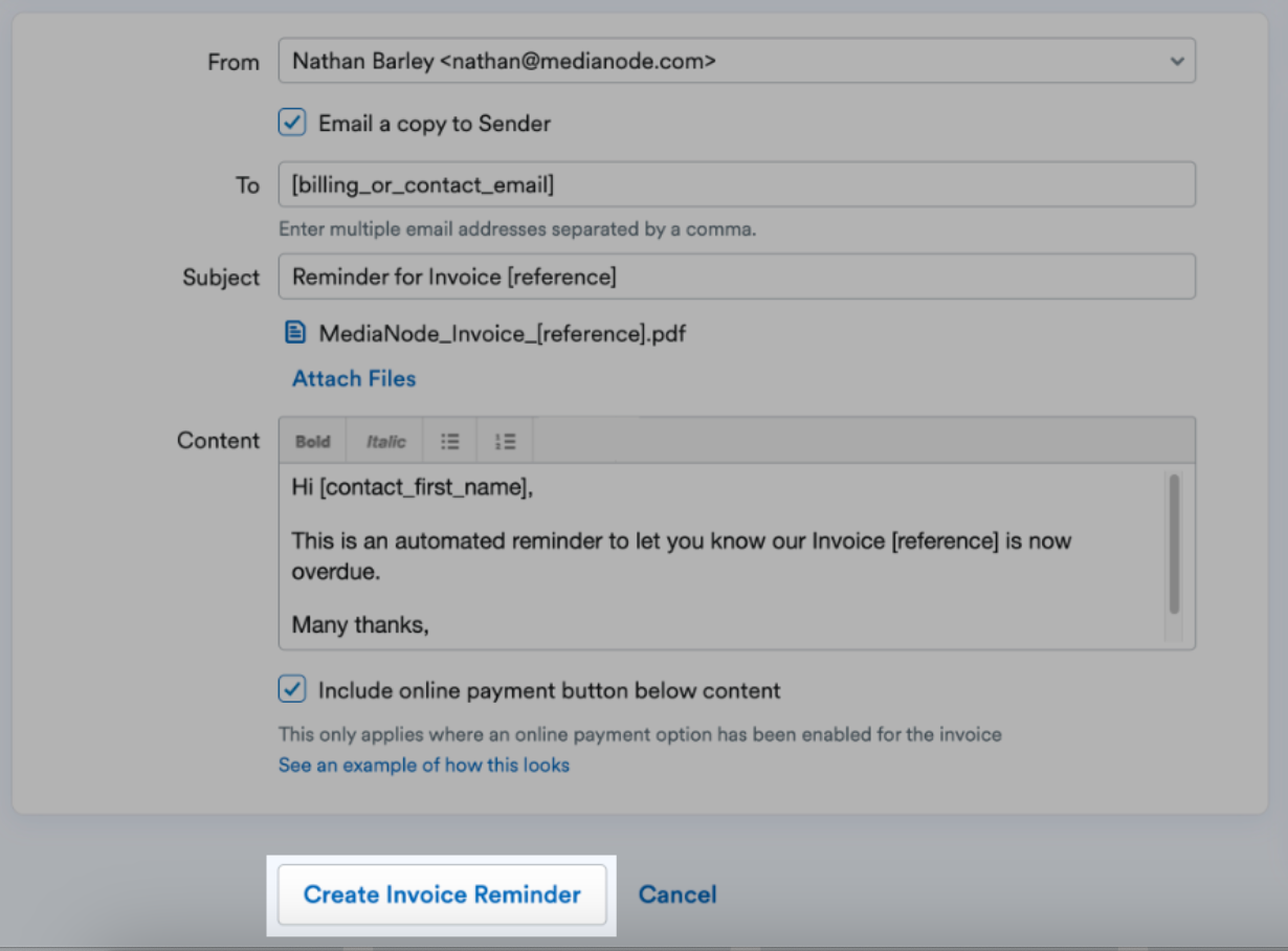 Create Invoice Reminder button highlighted