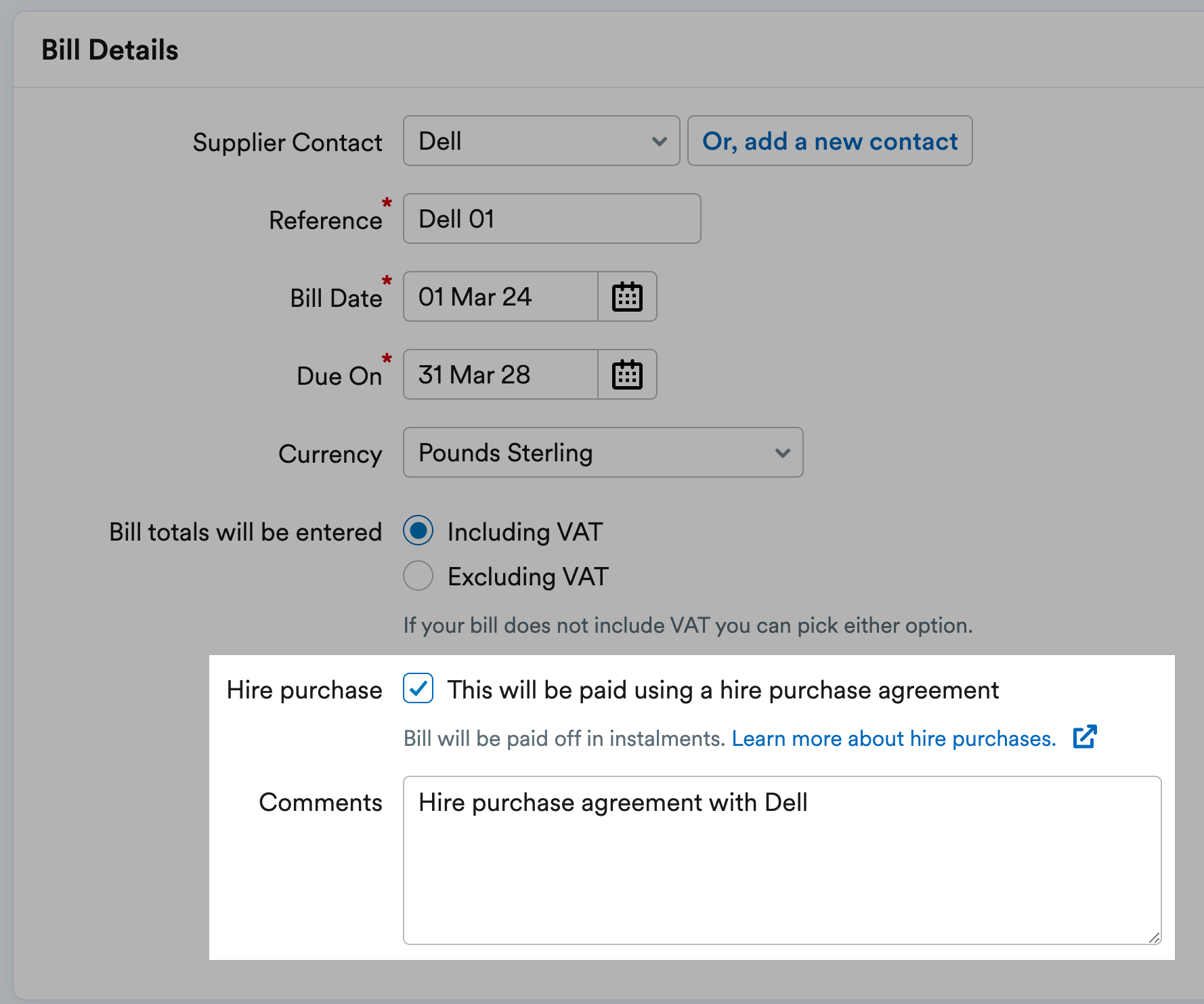 How to record an asset bought on hire purchase when using accruals