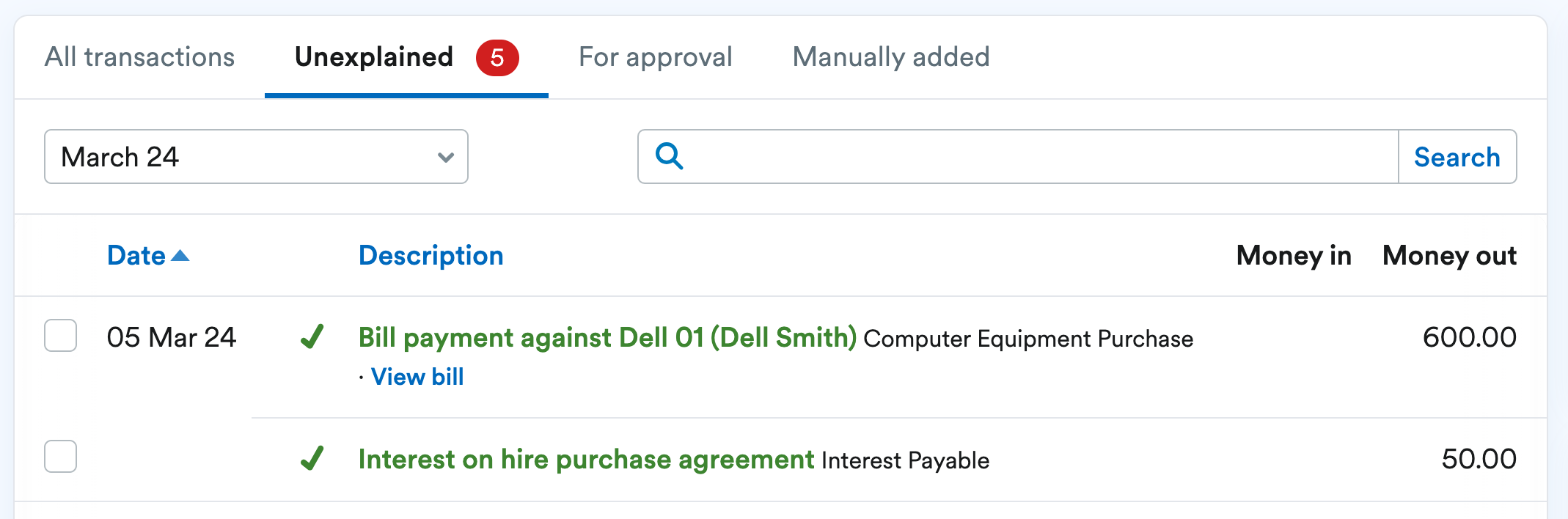 Transactions showing bank transaction split between payment and amount of interest.