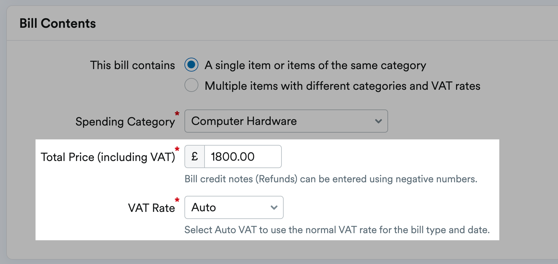 Boxes to input Total Price (including VAT) and select VAT rate.