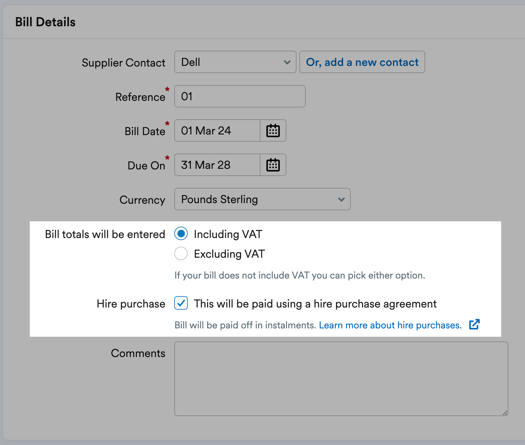 Options to select if bill totals with be entered including or excluding VAT and if it will be paid using a Hire purchase agreement.