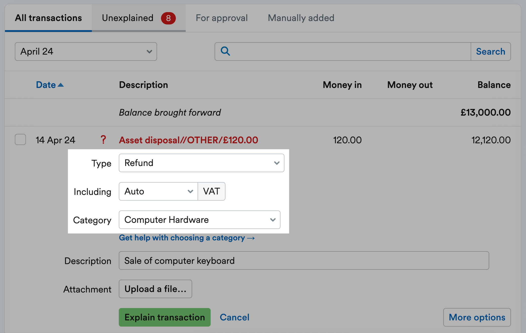 Transaction being explained as an Asset disposal refund.png