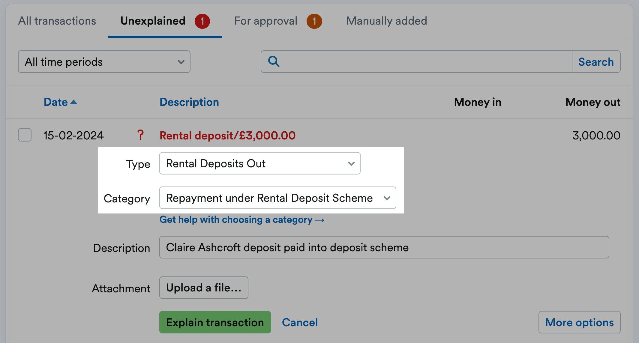 Rental Deposits Out and Repayment under
  Rental Deposit Scheme highlighted