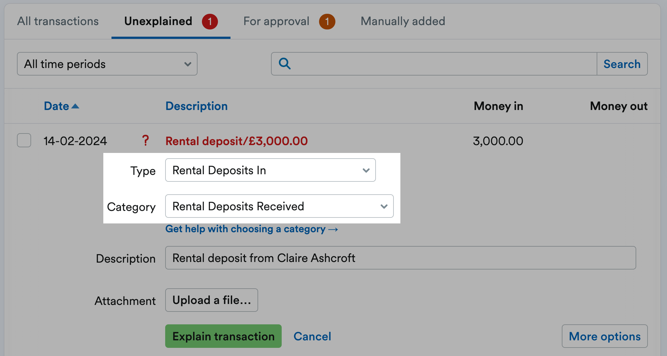 Rental deposits In and rental deposits received highlighted