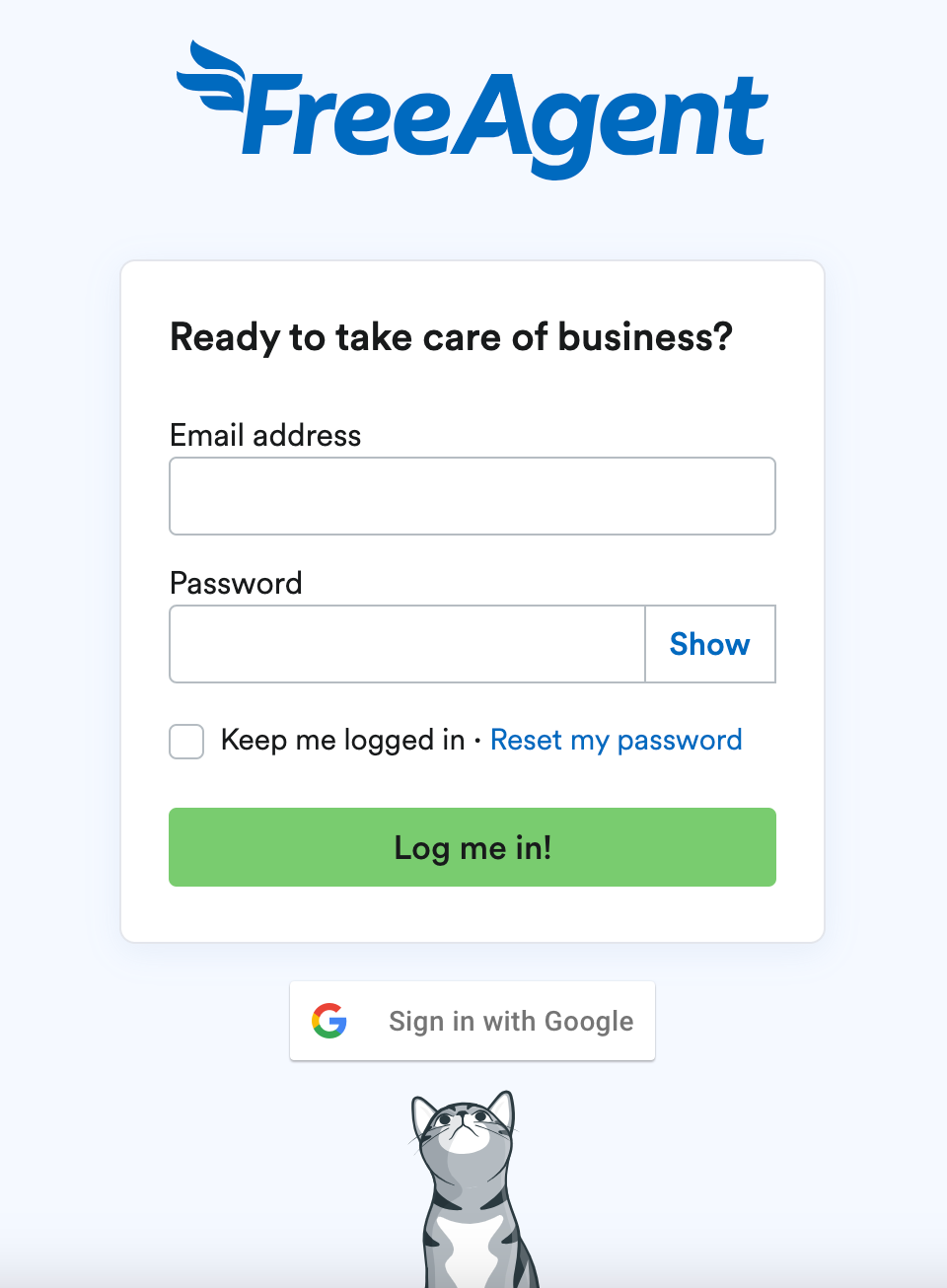 Login page with fields for email address and password and button to sign in with Google.