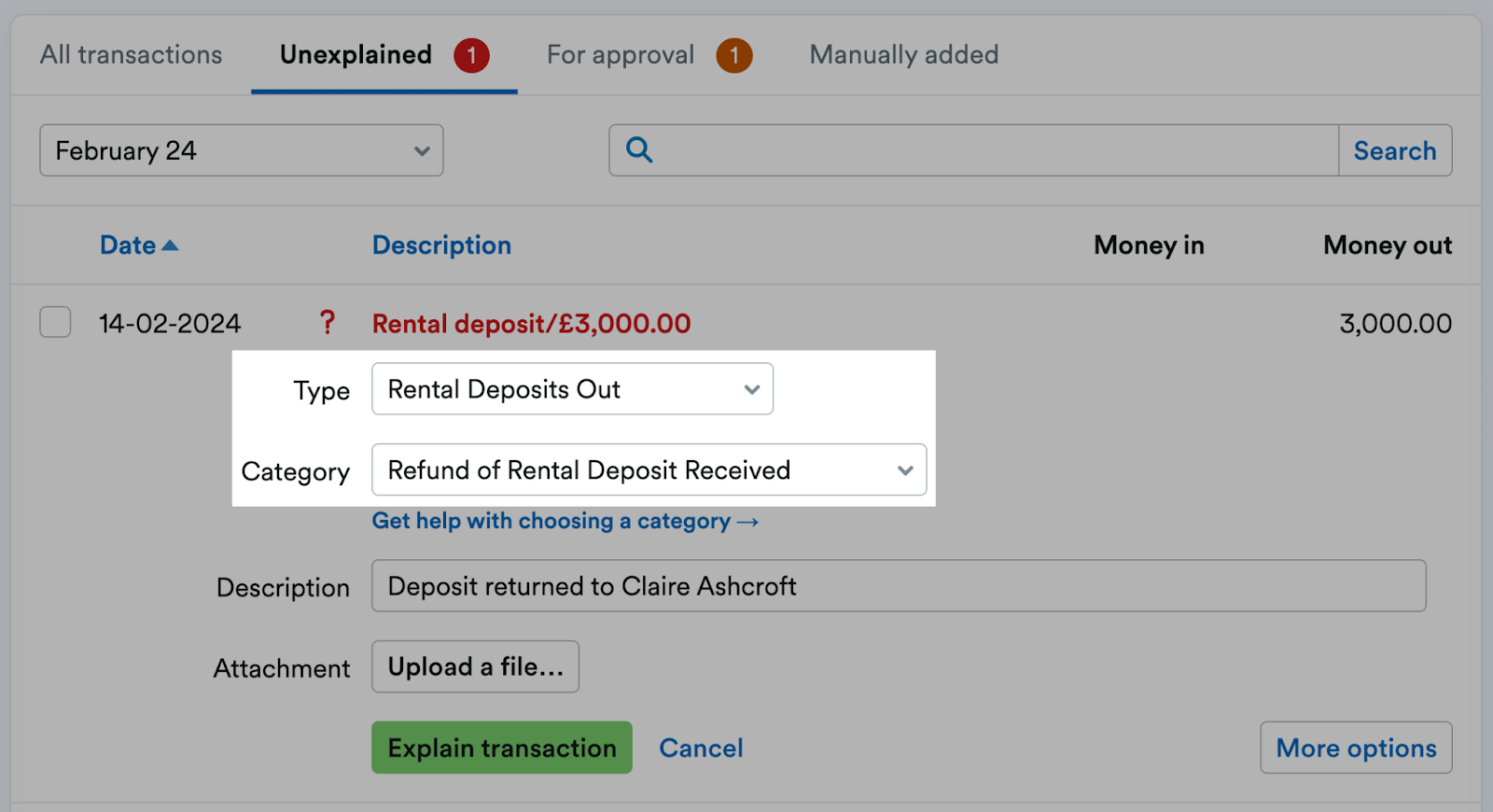 ‘Rental Deposits Out’ Type and ‘Refund of Rental Deposit Received’ Category selected.