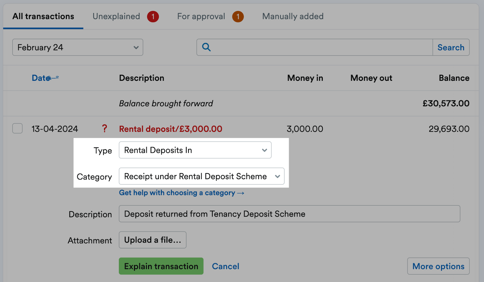 ‘Rental Deposits In’ Type and ‘Receipt under Rental Deposit Scheme’ Category selected.
