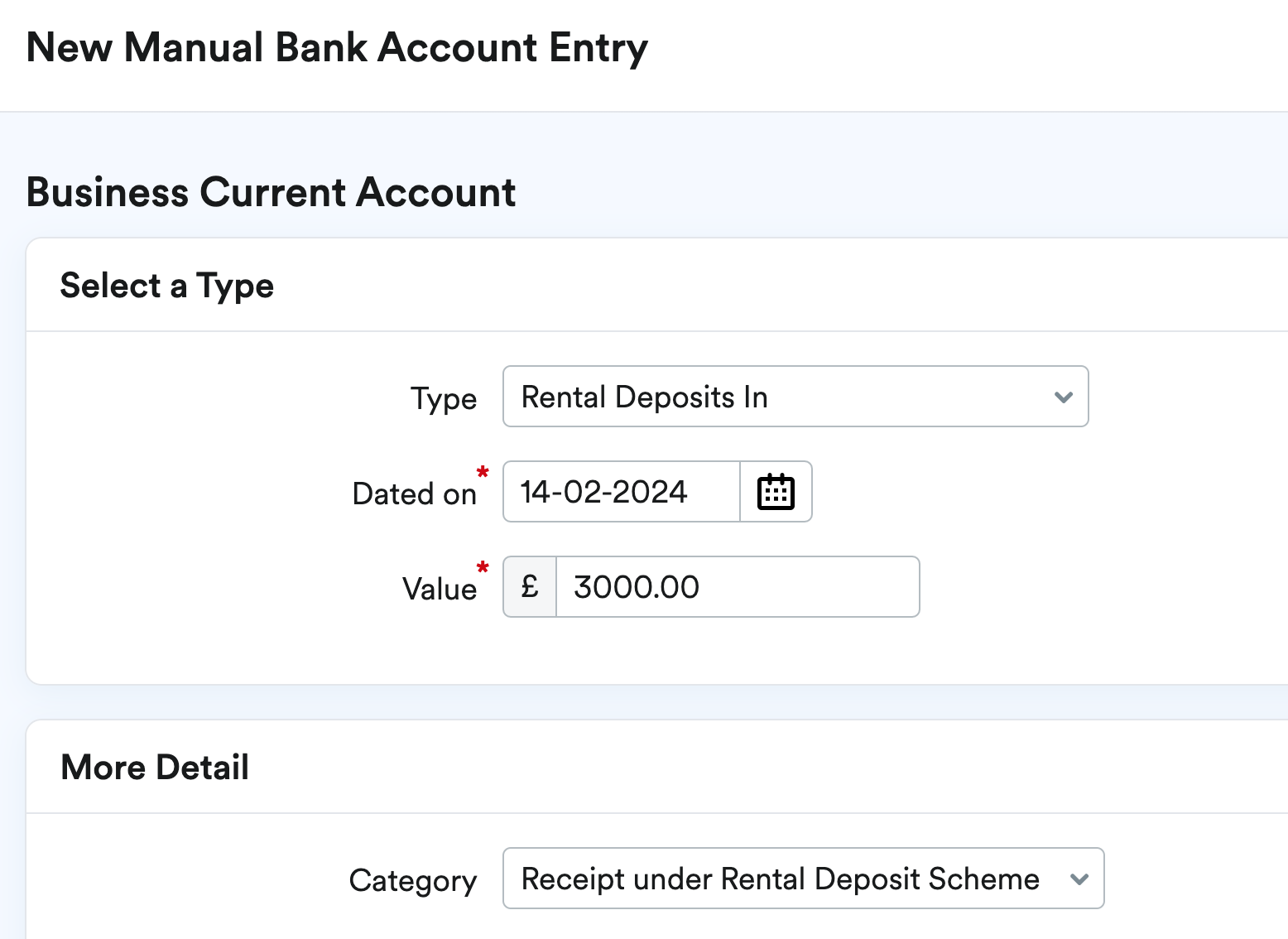 ‘Rental Deposits In’ Type and ‘Receipt under Rental Deposit Received’ Category selected.