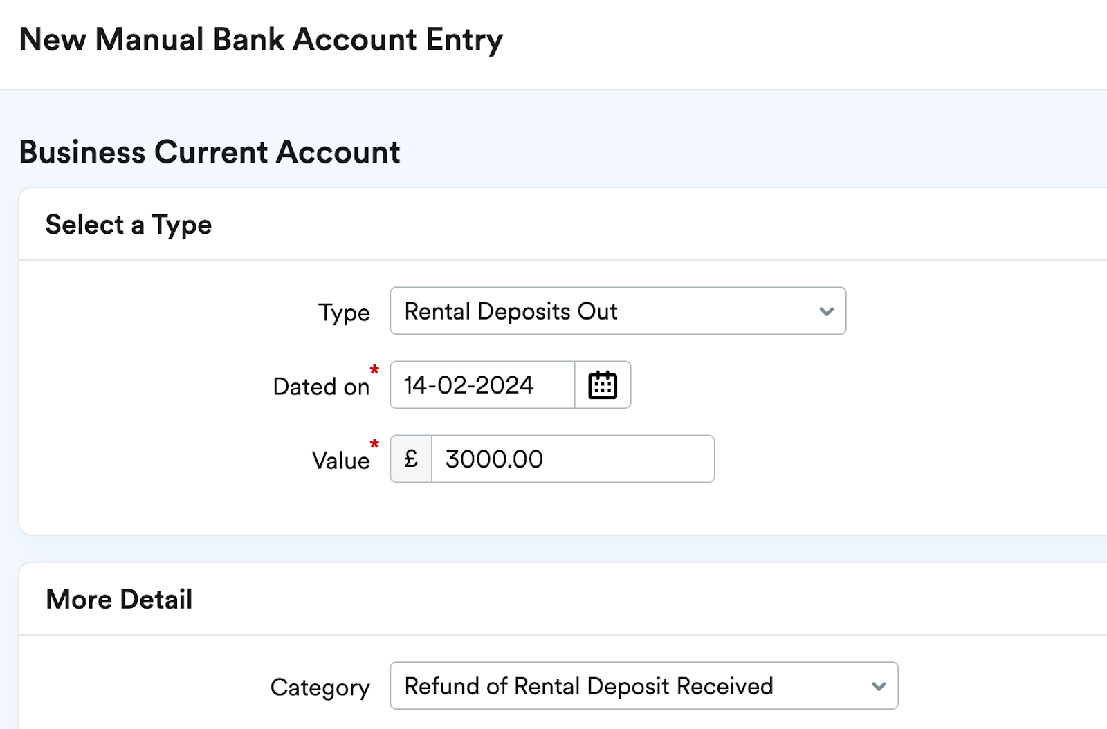 ‘Rental Deposits Out’ Type and ‘Refund of Rental Deposit Received’ Category selected.