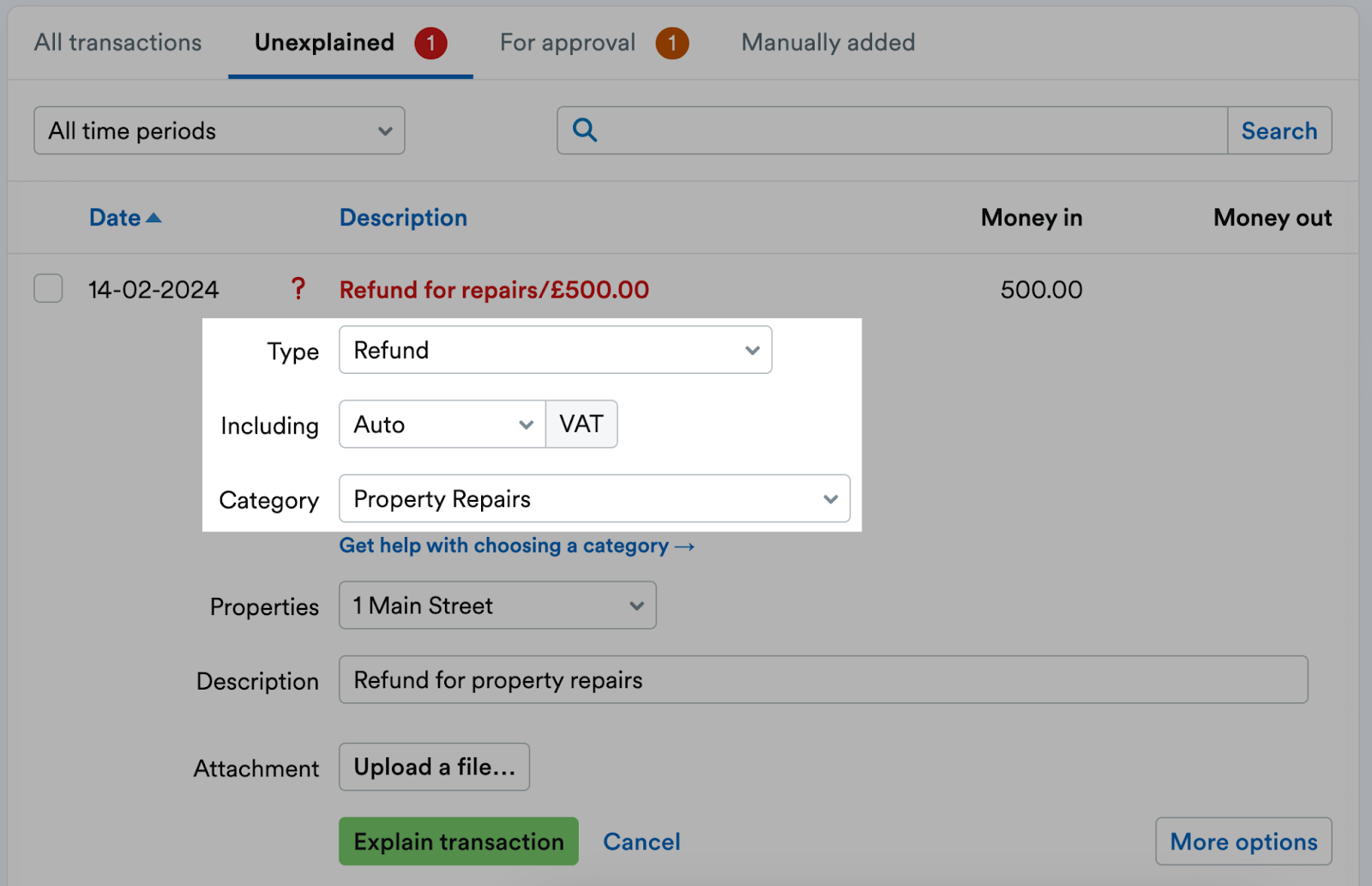 ‘Refund’ Type, Including Auto VAT and ‘Property Repairs’ Category selected.