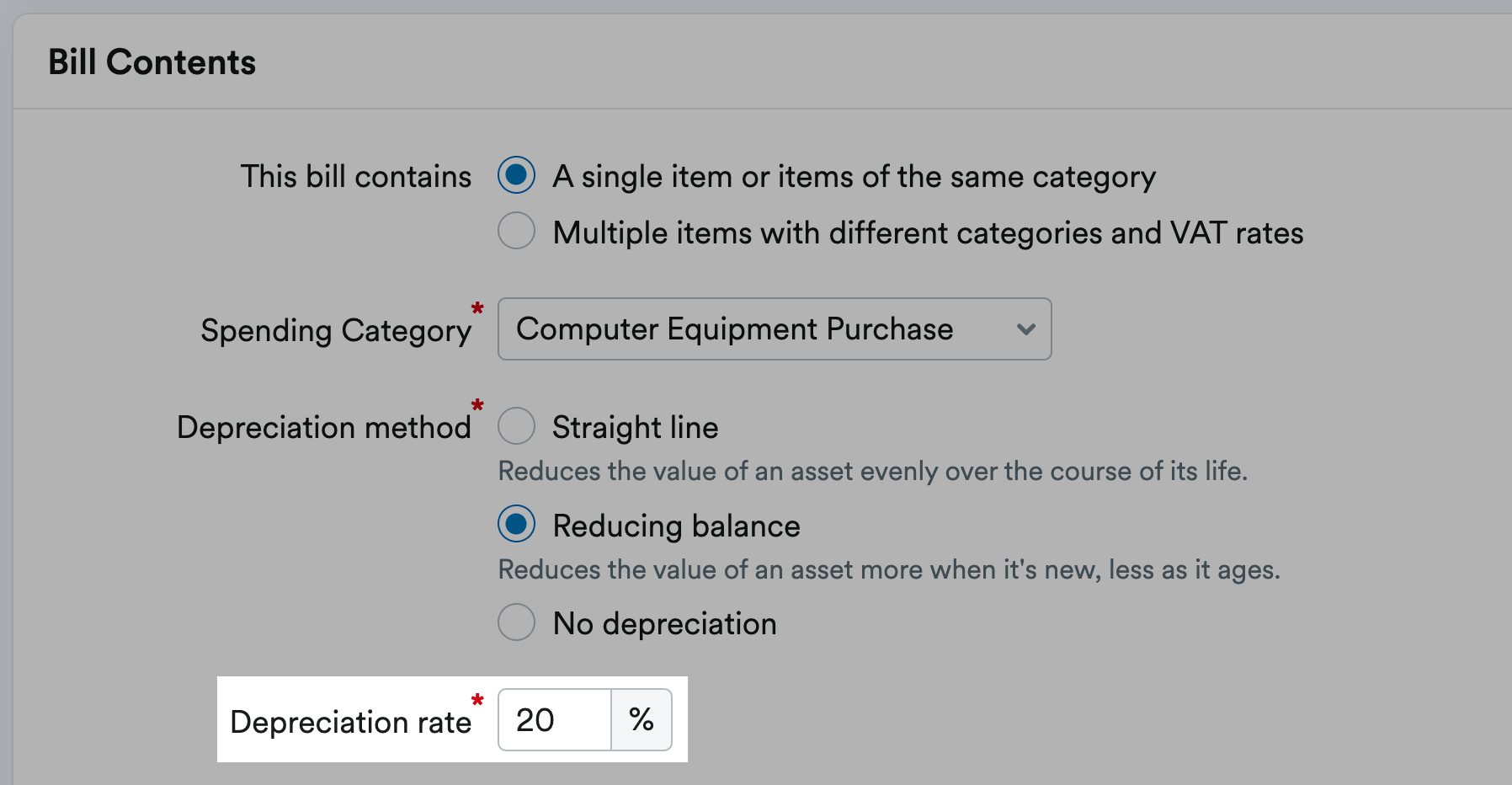 Depreciation rate highlighted with box to enter percentage of depreciation rate.