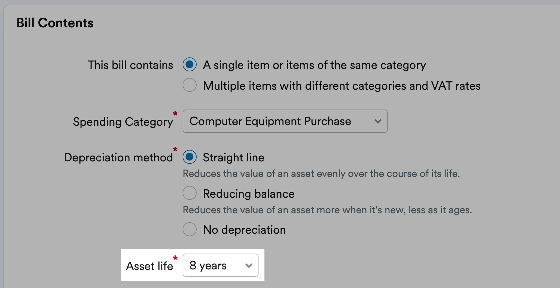 Asset life highlighted with drop down menu to select lifespan.