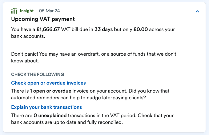‘Upcoming VAT payment’ Insight showing amount and date due for payment..png