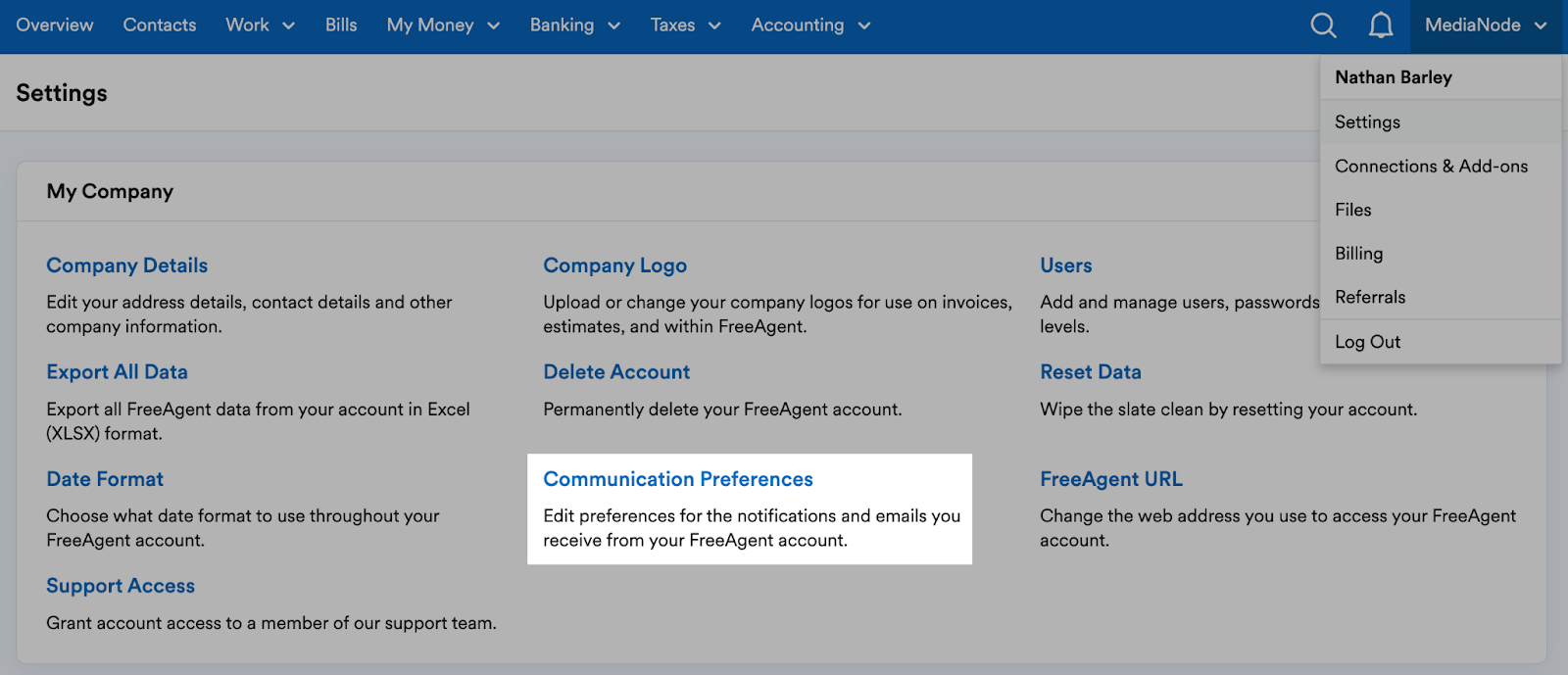 ‘Communication Preferences’ button highlighted within the ‘My Company’ section of the Settings page..png