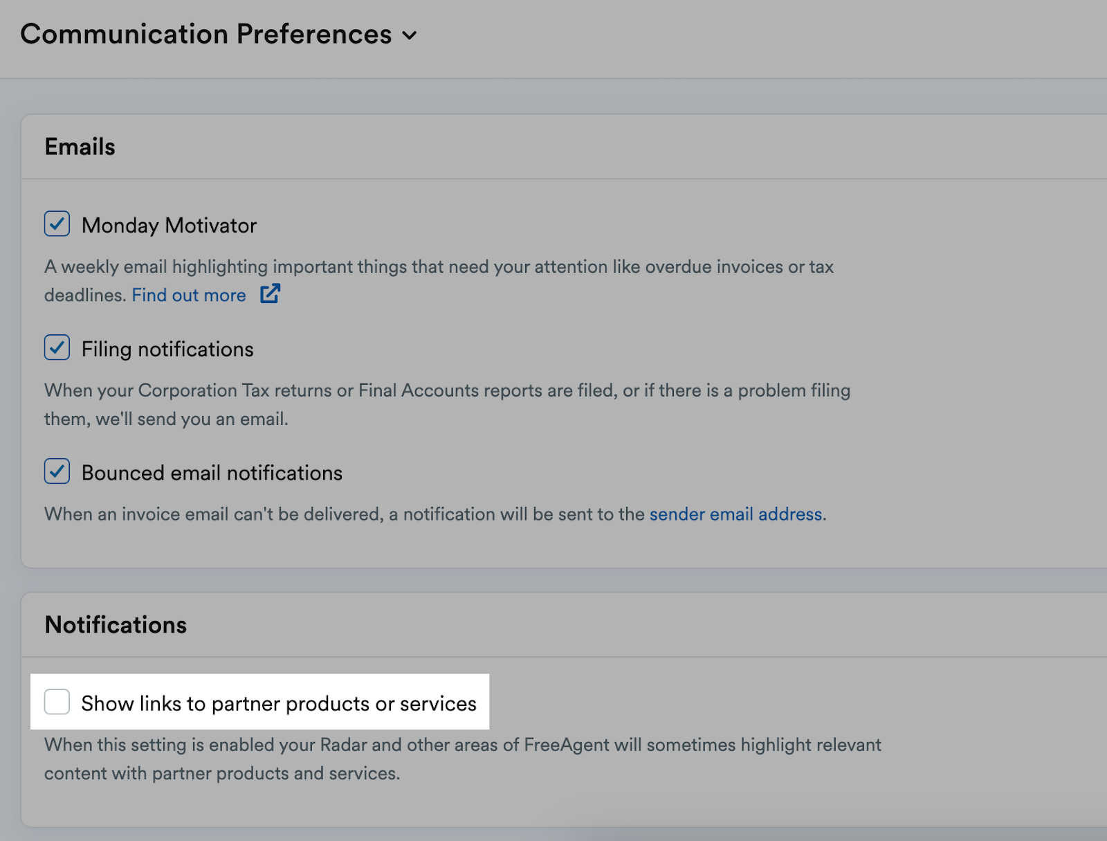 ‘Show links to partner products or services’ checkbox highlighted on Communication Preferences page..png
