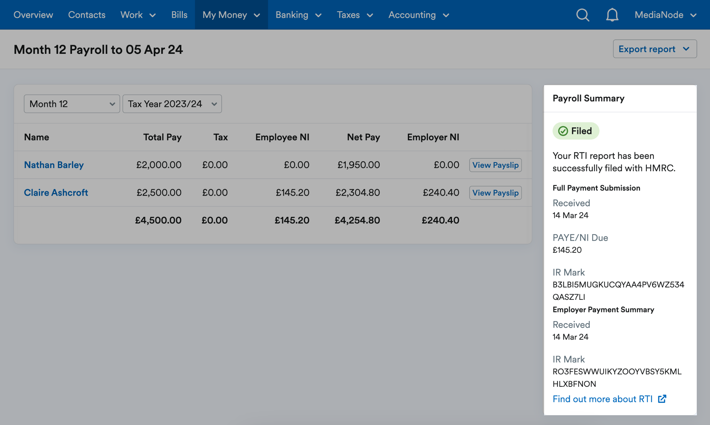 Payroll summary panel highlighted next to a month's payroll.