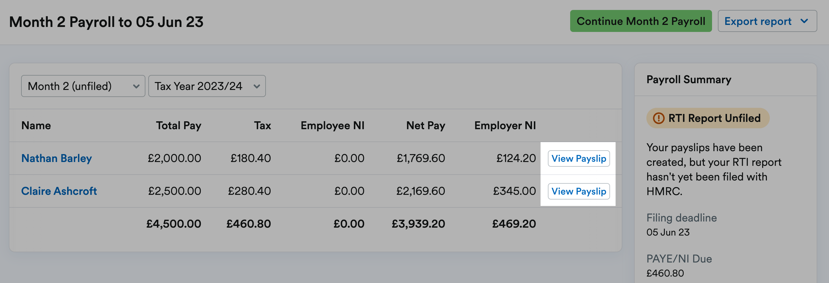 'View Payslip' button highlighted next to employees' listings.