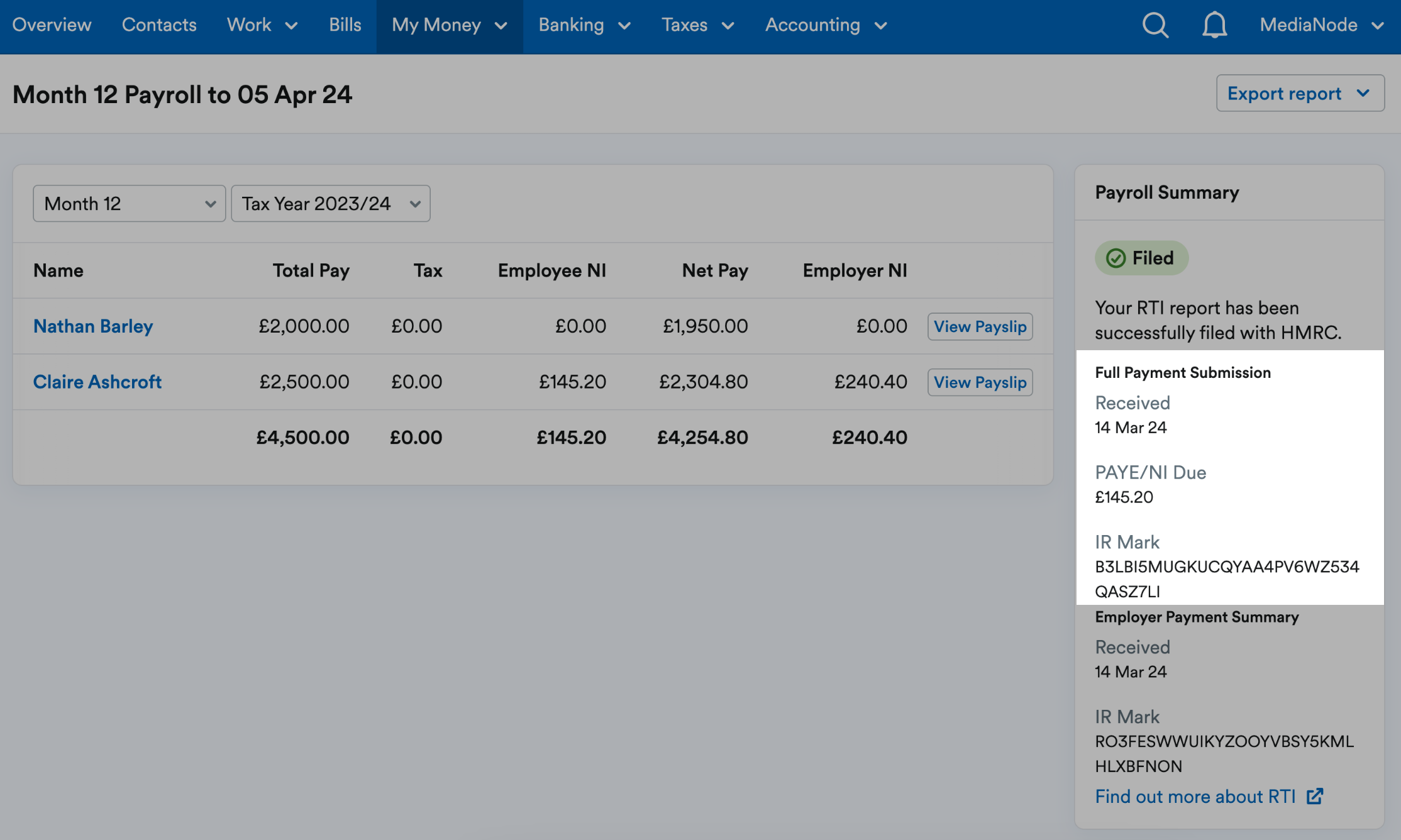 Full payment submission stated in Payroll summary panel next to the employees' listings.