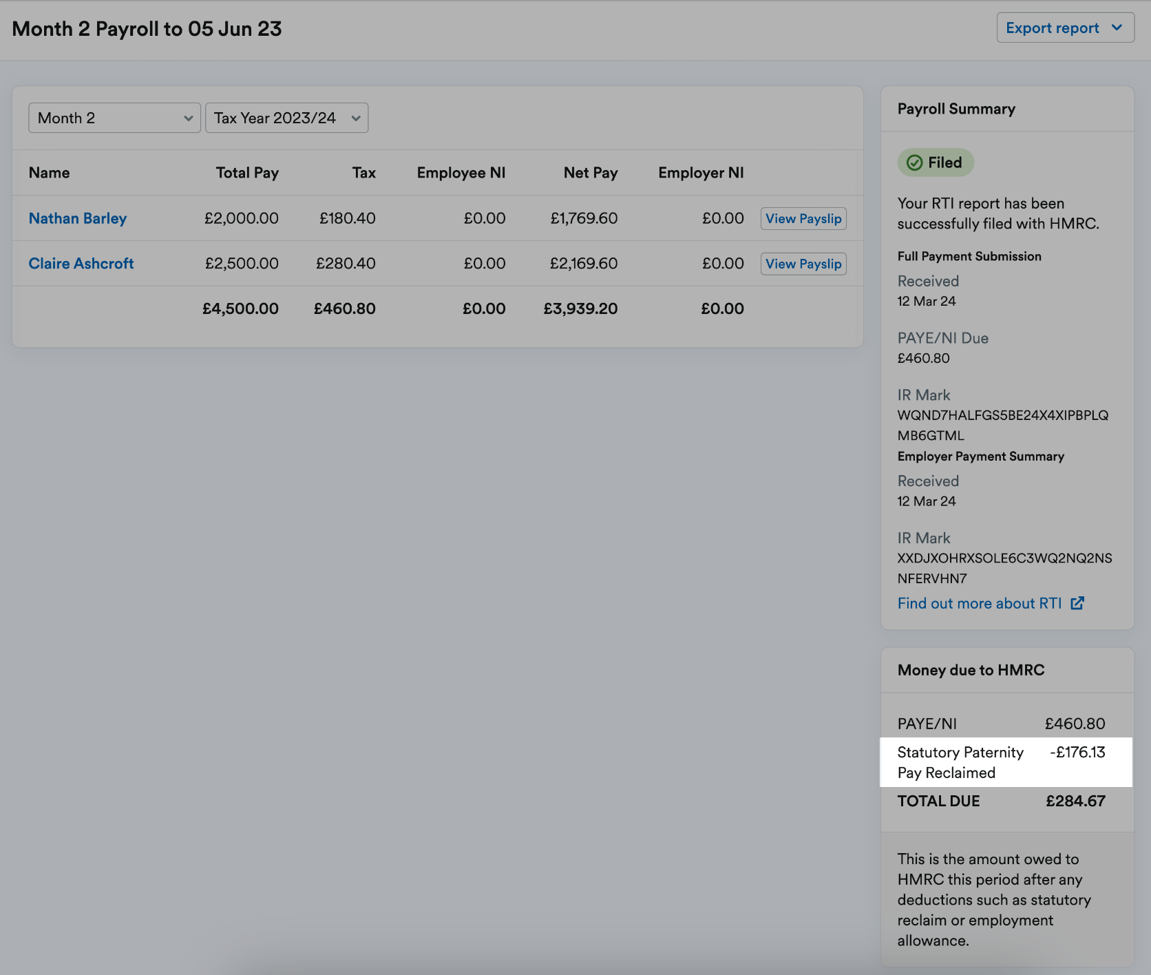 Example statutory pay listed as reclaimed.