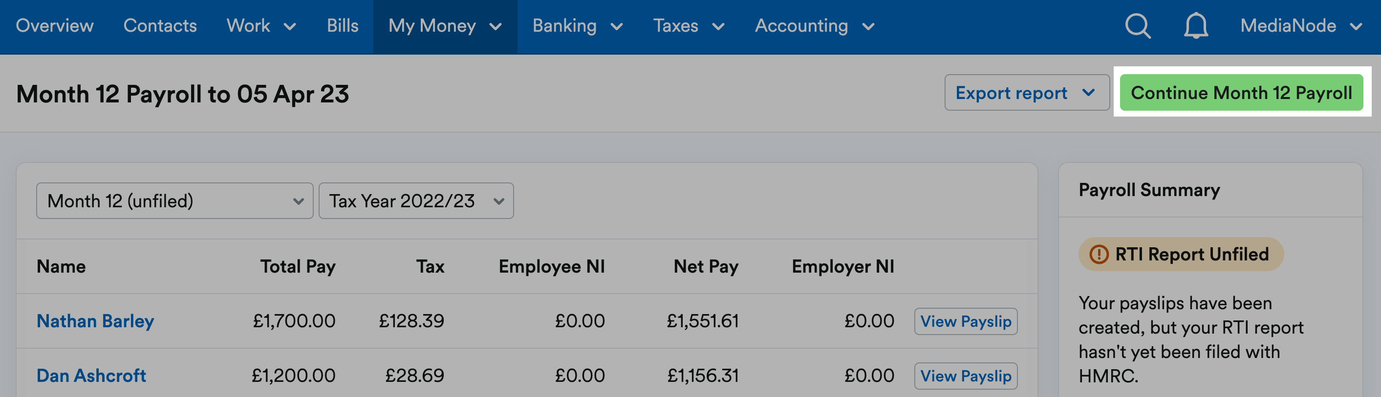 'Continue month 12 payroll' button highlighted in payroll page header.