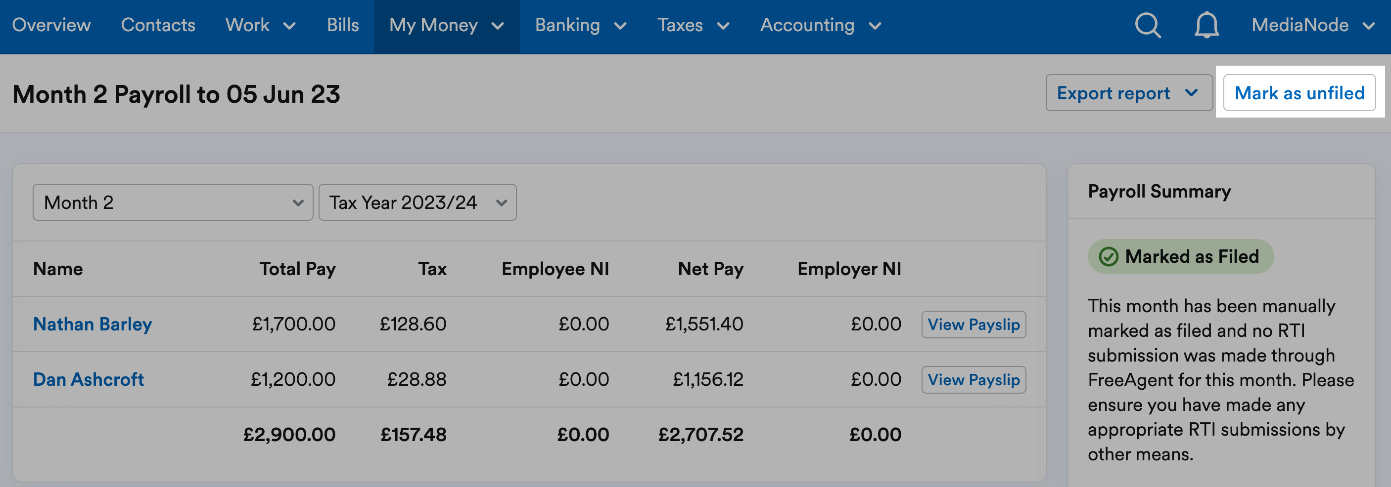 'Mark as unfiled' button highlighted in payroll page header.