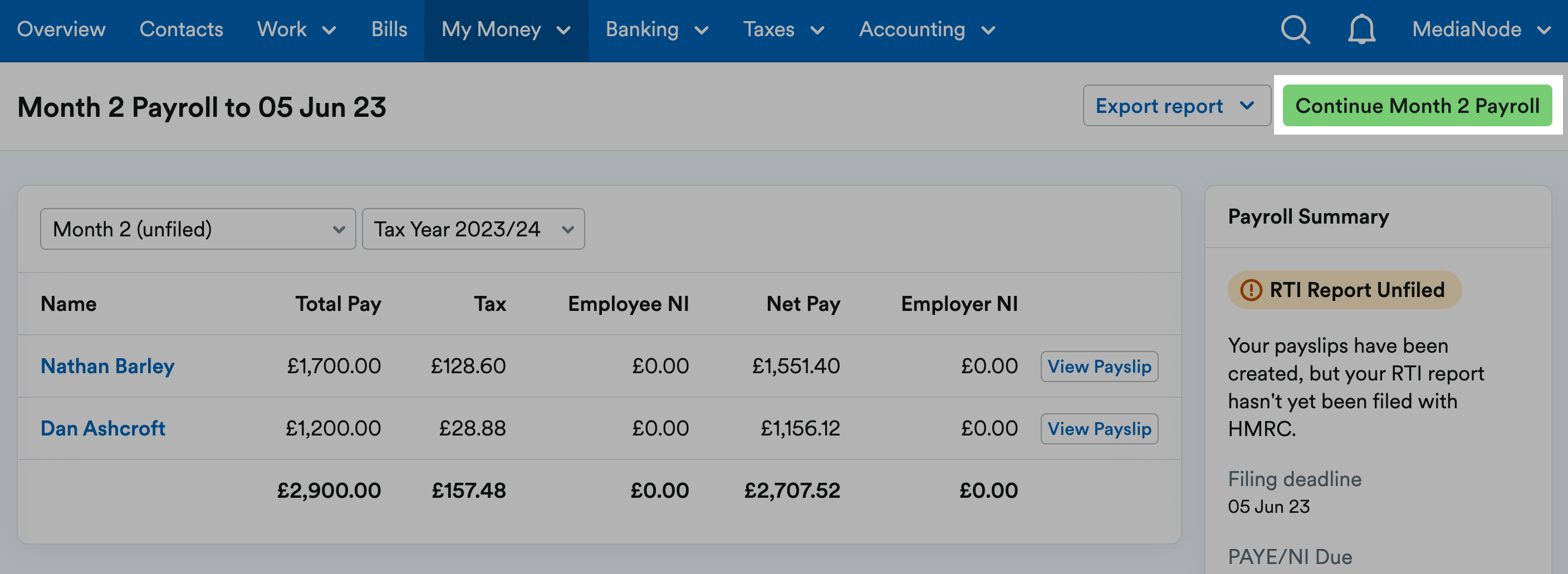 'Continue month [x] payroll' button highlighted in payroll page header.