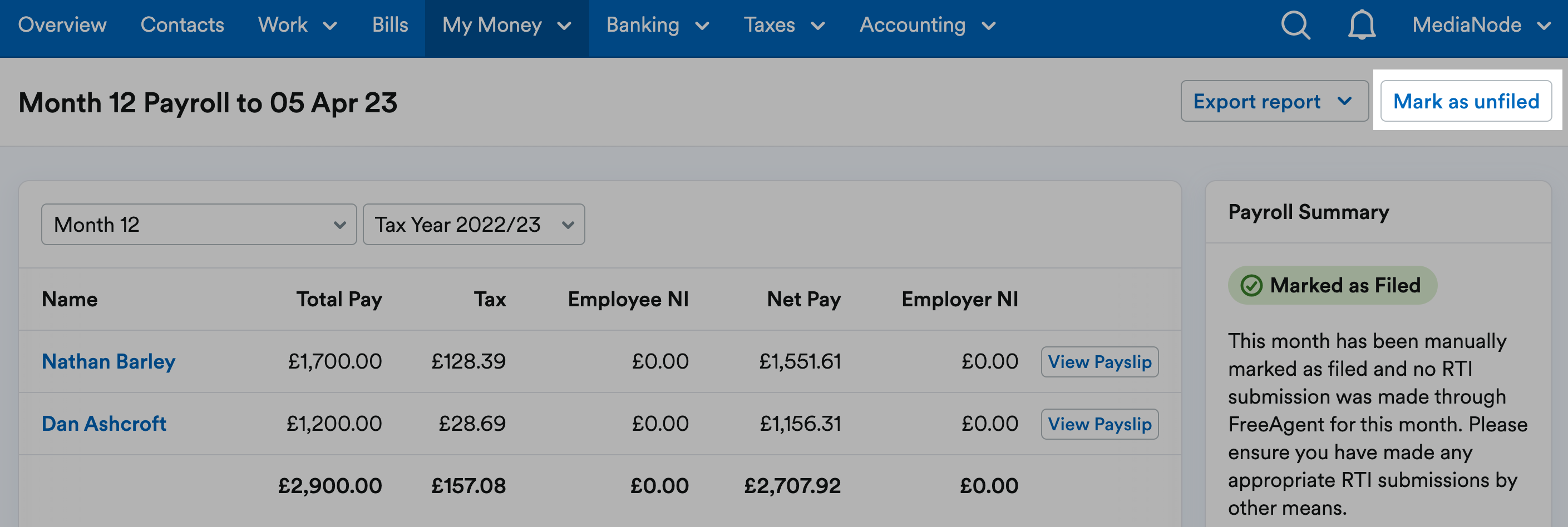 'Mark as unfiled' button highlighted in payroll page header.