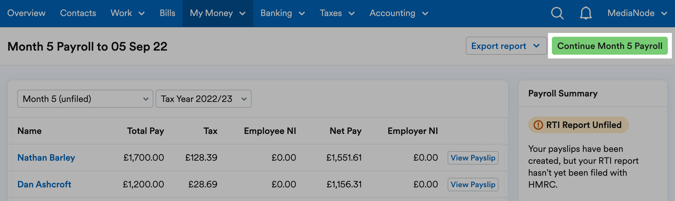 'Continue month X payroll' button highlighted at top of month [x] payroll page.