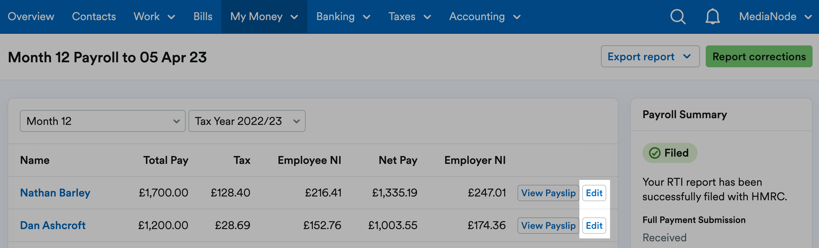 'Edit' button highlighted next to employees' listings.