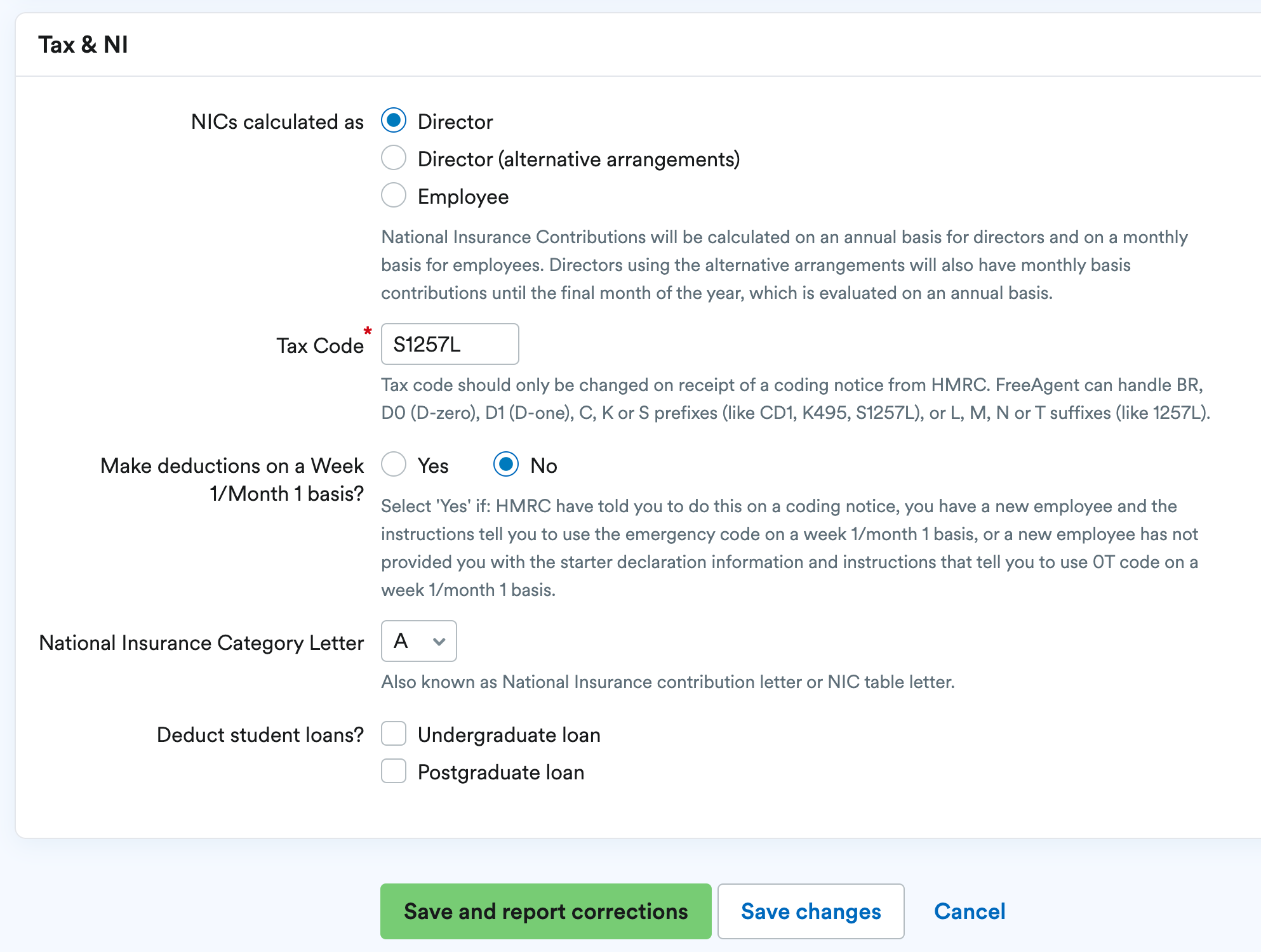 Tax and NI section of employee details.