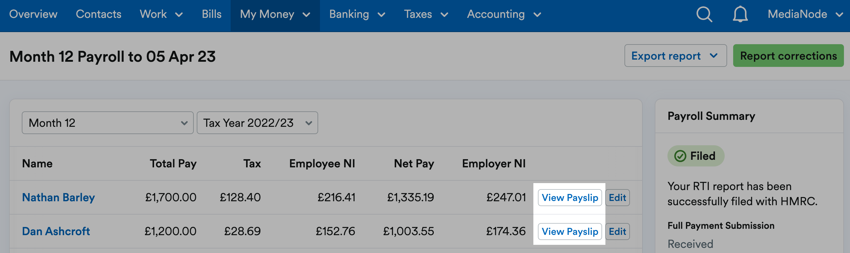 'View Payslip' button highlighted next to employees' listings.