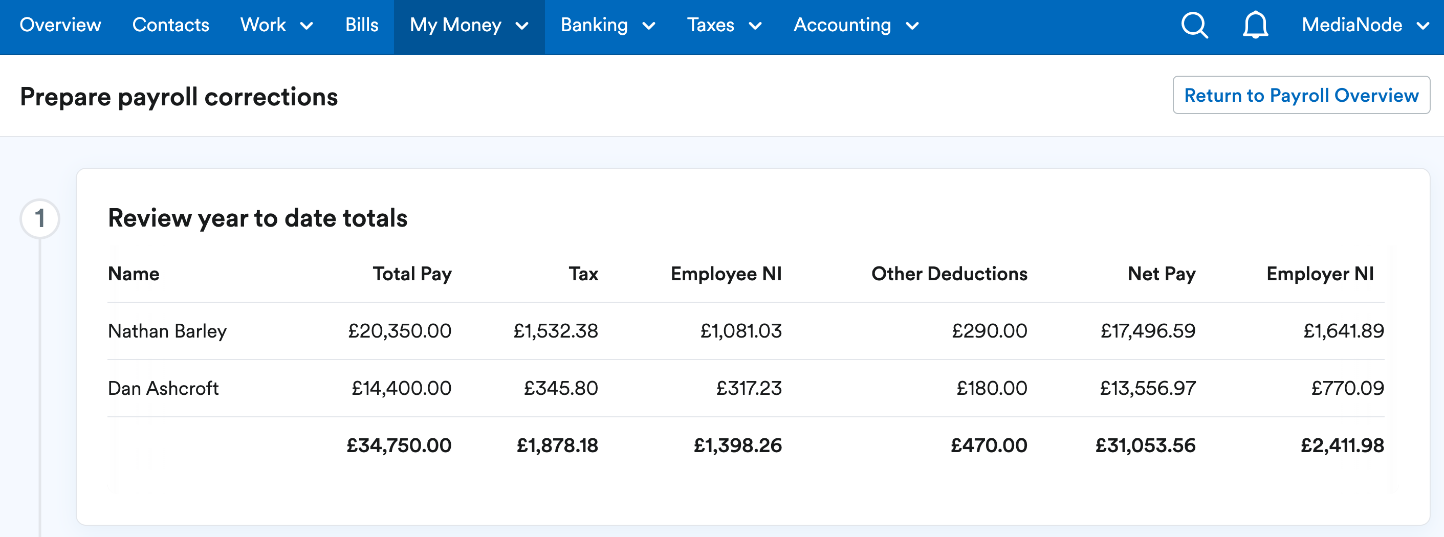 Step 1 to review year to date totals for preparing payroll corrections.