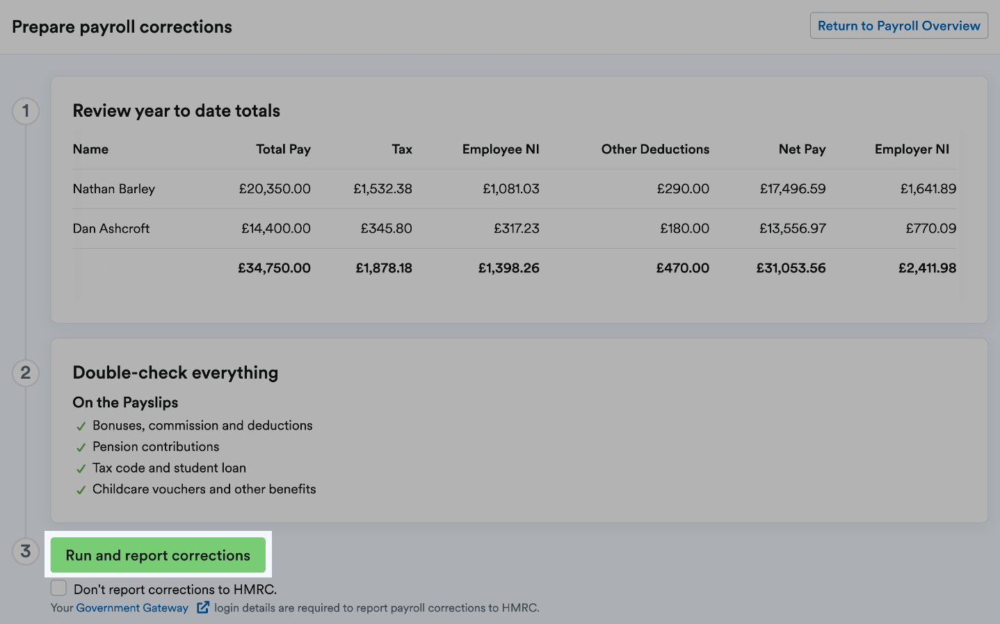 'Run and Report corrections' button highlighted at bottom of prepare payroll corrections page.