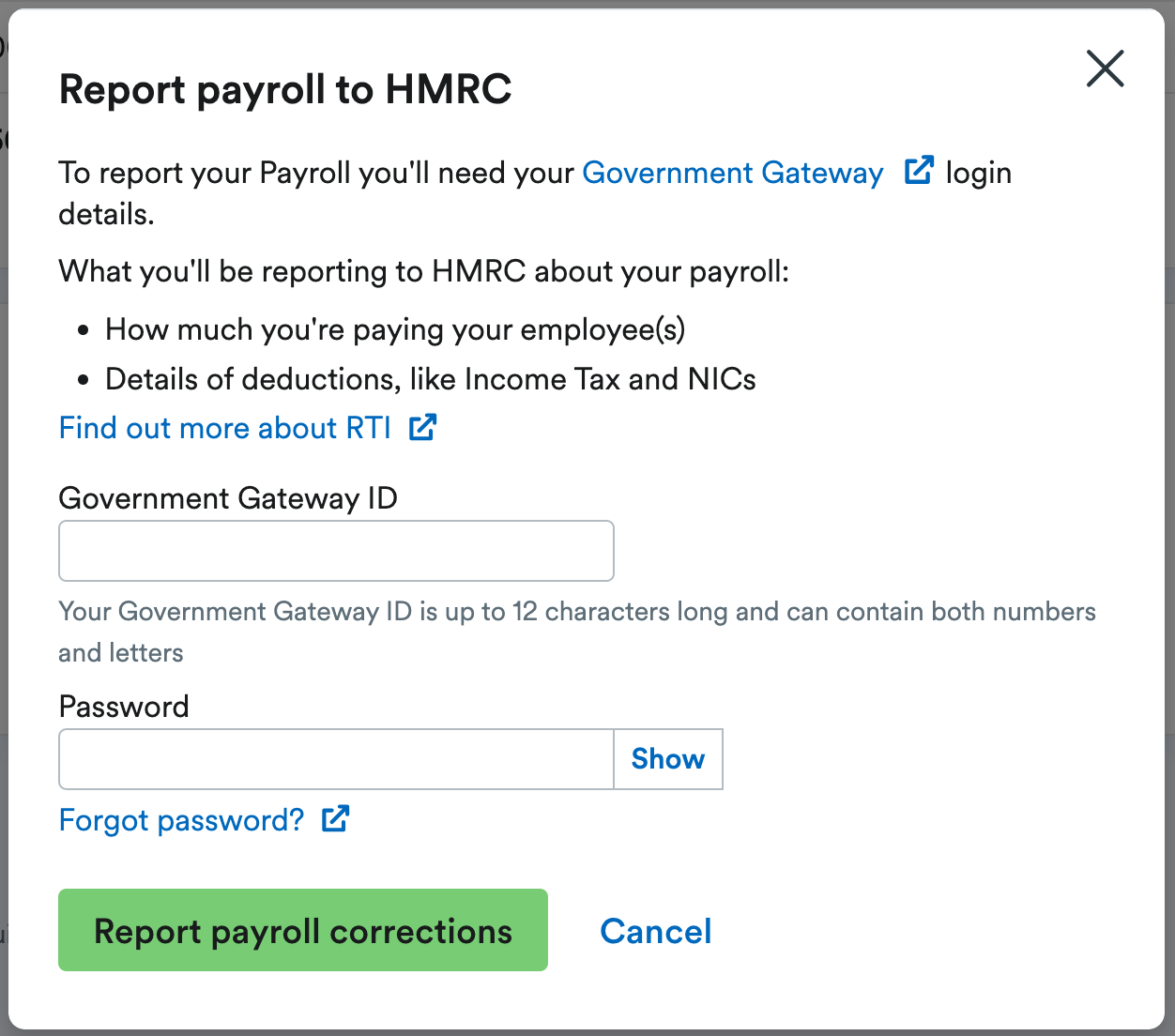 Pop-up window to enter Government Gateway ID and Password.