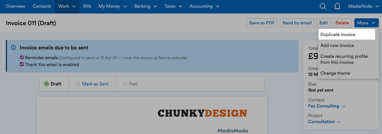 Duplicate invoice highlighted from within the More drop-down menu