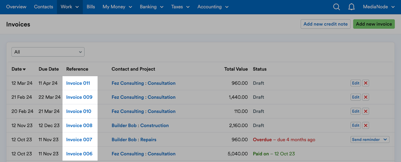 List of invoices