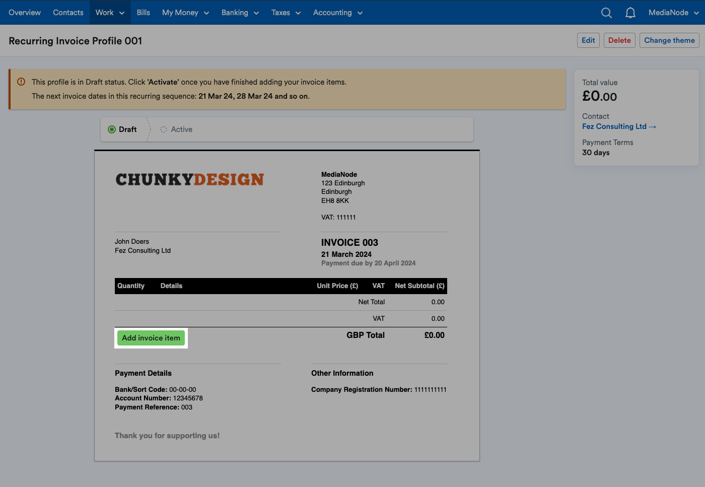 Add invoice item button highlighted