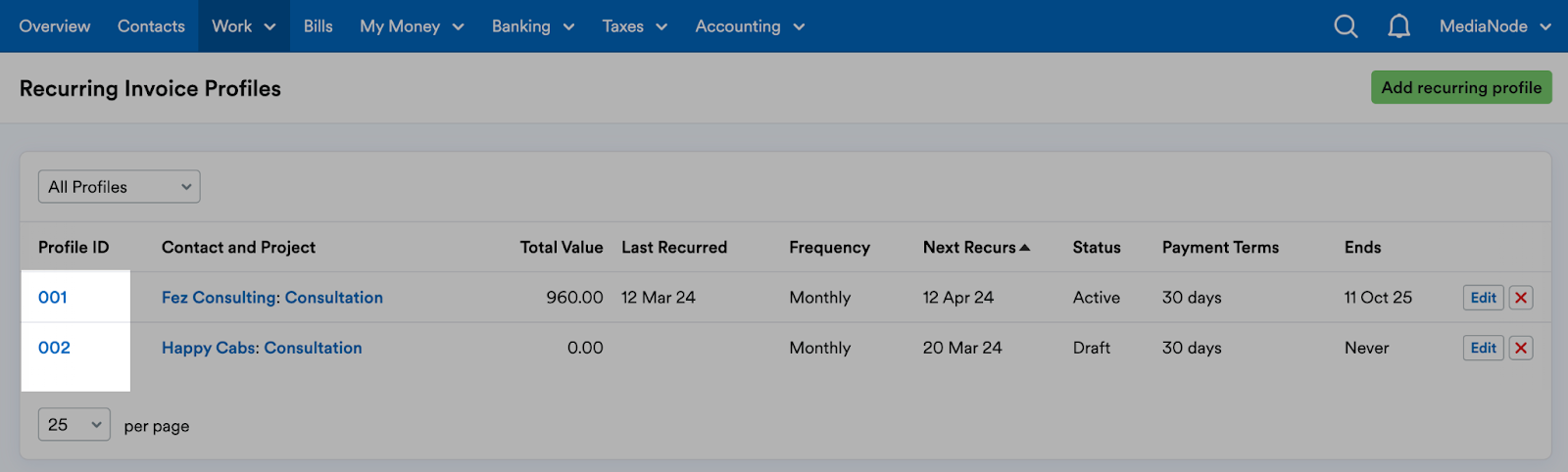 List of recurring profile IDs highlighted