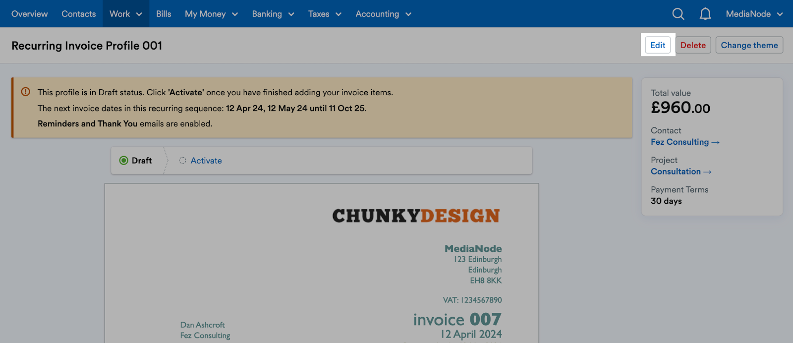 'Edit' button highlighted at top of Recurring Invoice Profile page.