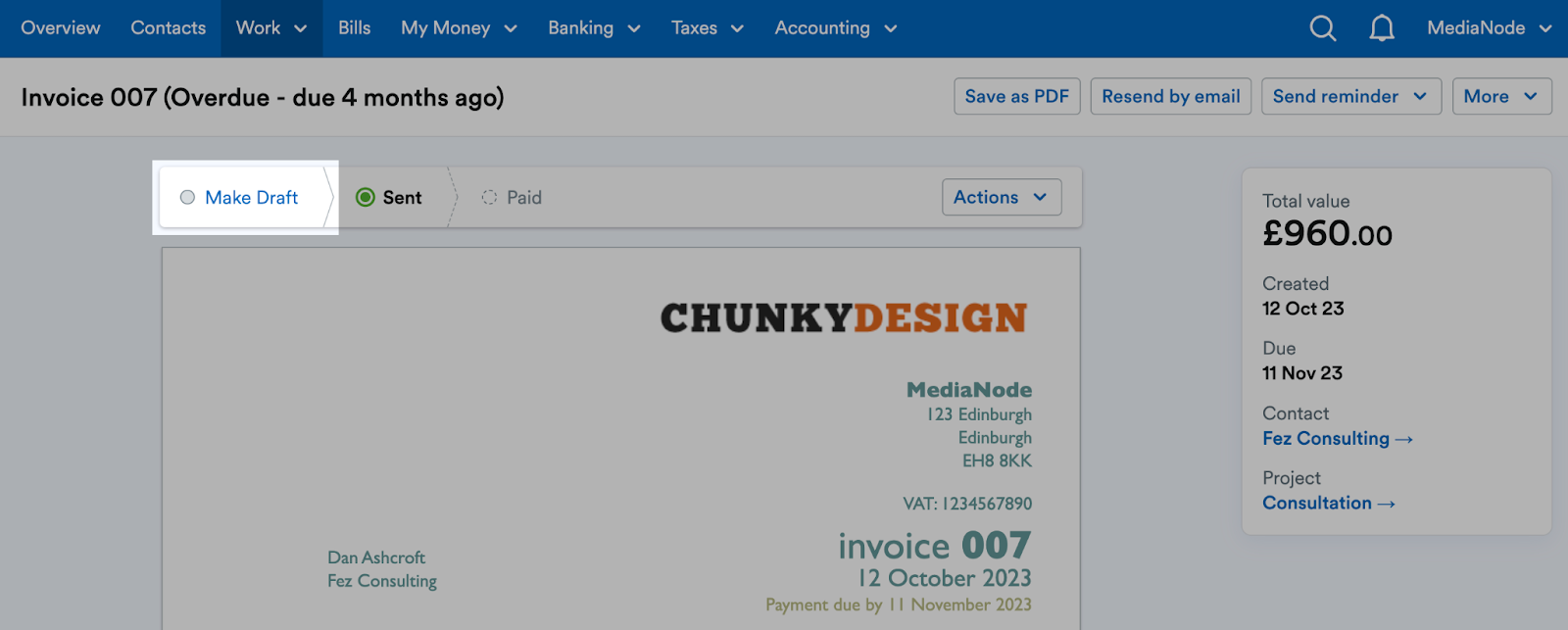 'Make Draft' button highlighted on Invoice page.