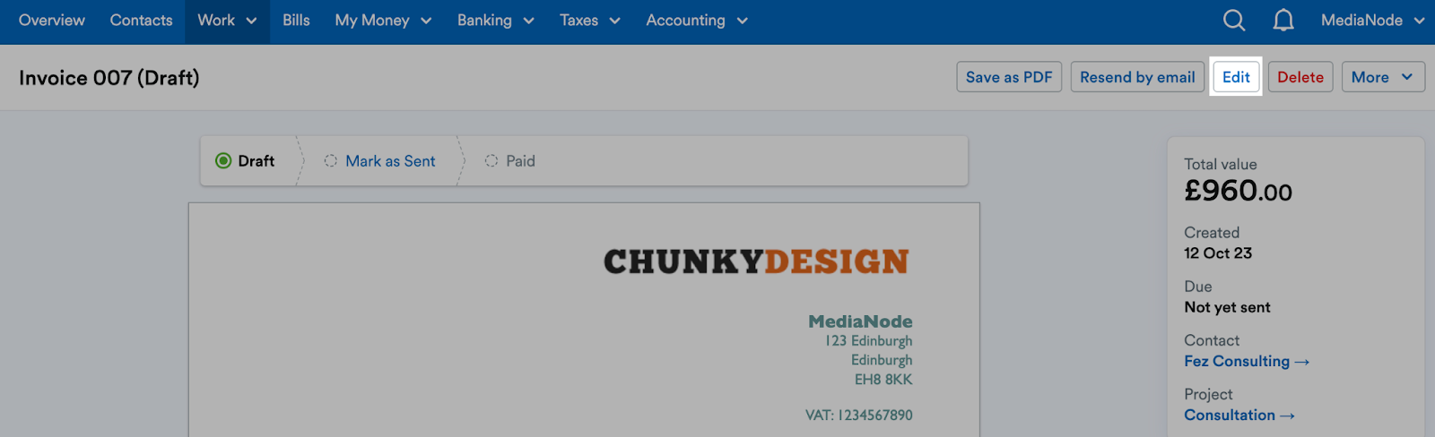 'Edit' button highlighted at top of Invoice page.