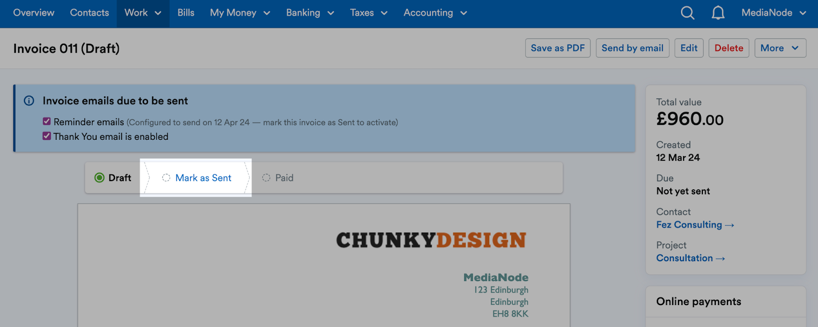 'Mark as Sent' button highlighted at top of invoice.
