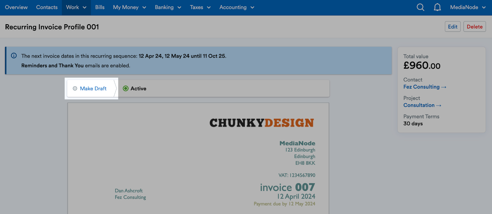 'Make Draft' button highlighted on Recurring Invoice Profile page.