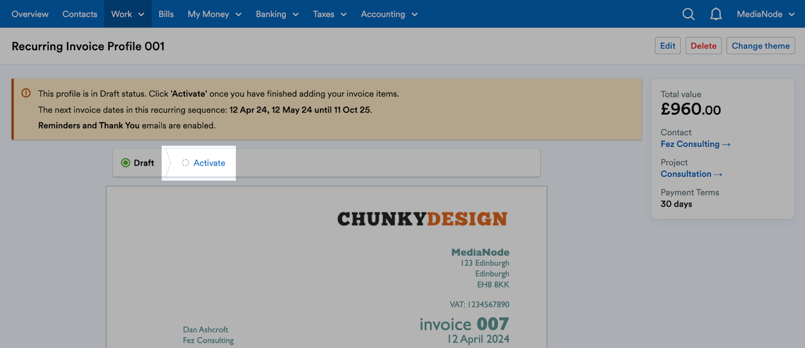 'Activate' button highlighted on Recurring Invoice Profile page.